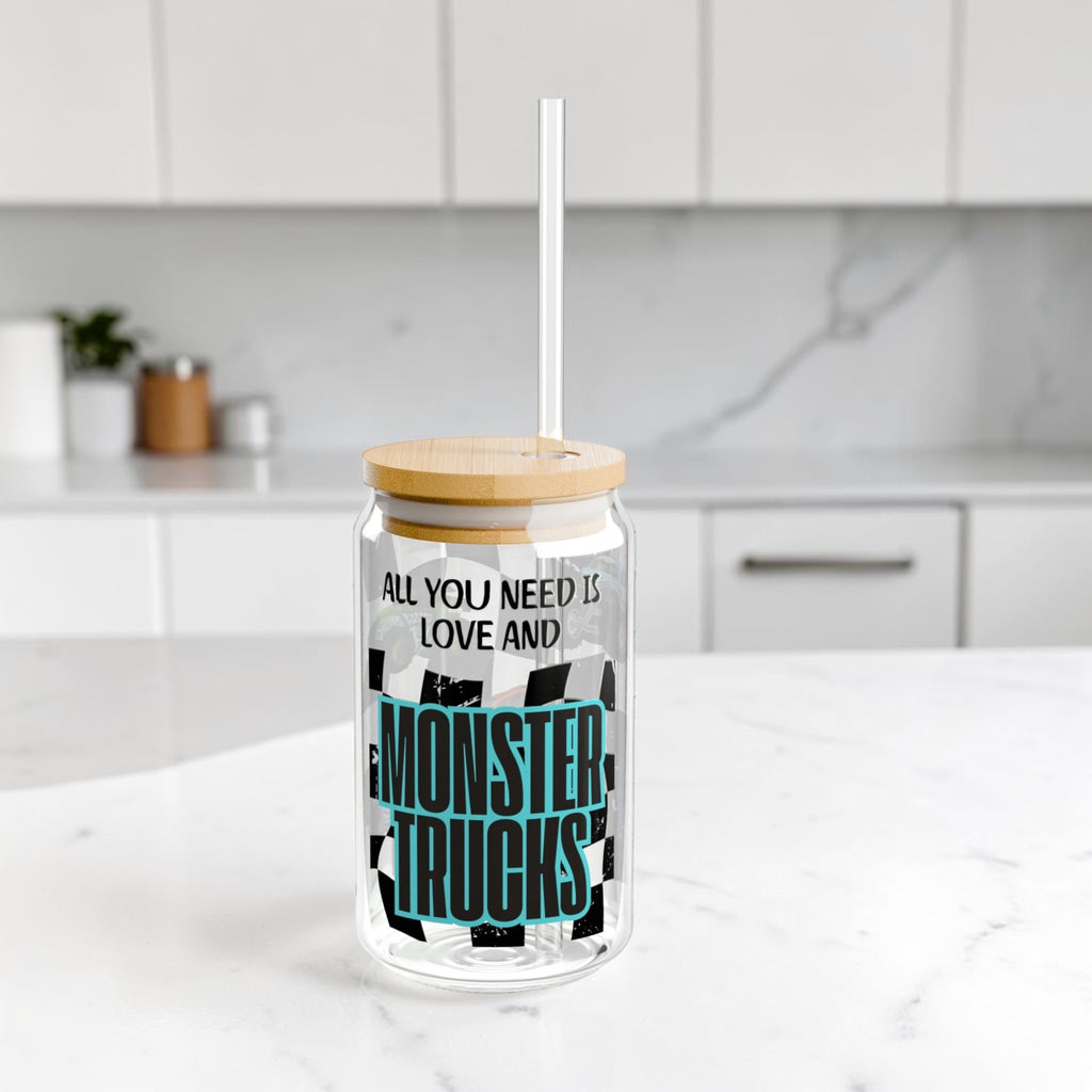 All You Need Is Love and Monster Trucks Sipper Glass 16oz | WIth Lid & Straw