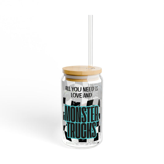 All You Need Is Love and Monster Trucks Sipper Glass 16oz | WIth Lid & Straw