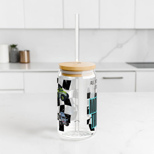 All You Need Is Love and Monster Trucks Sipper Glass 16oz | WIth Lid & Straw