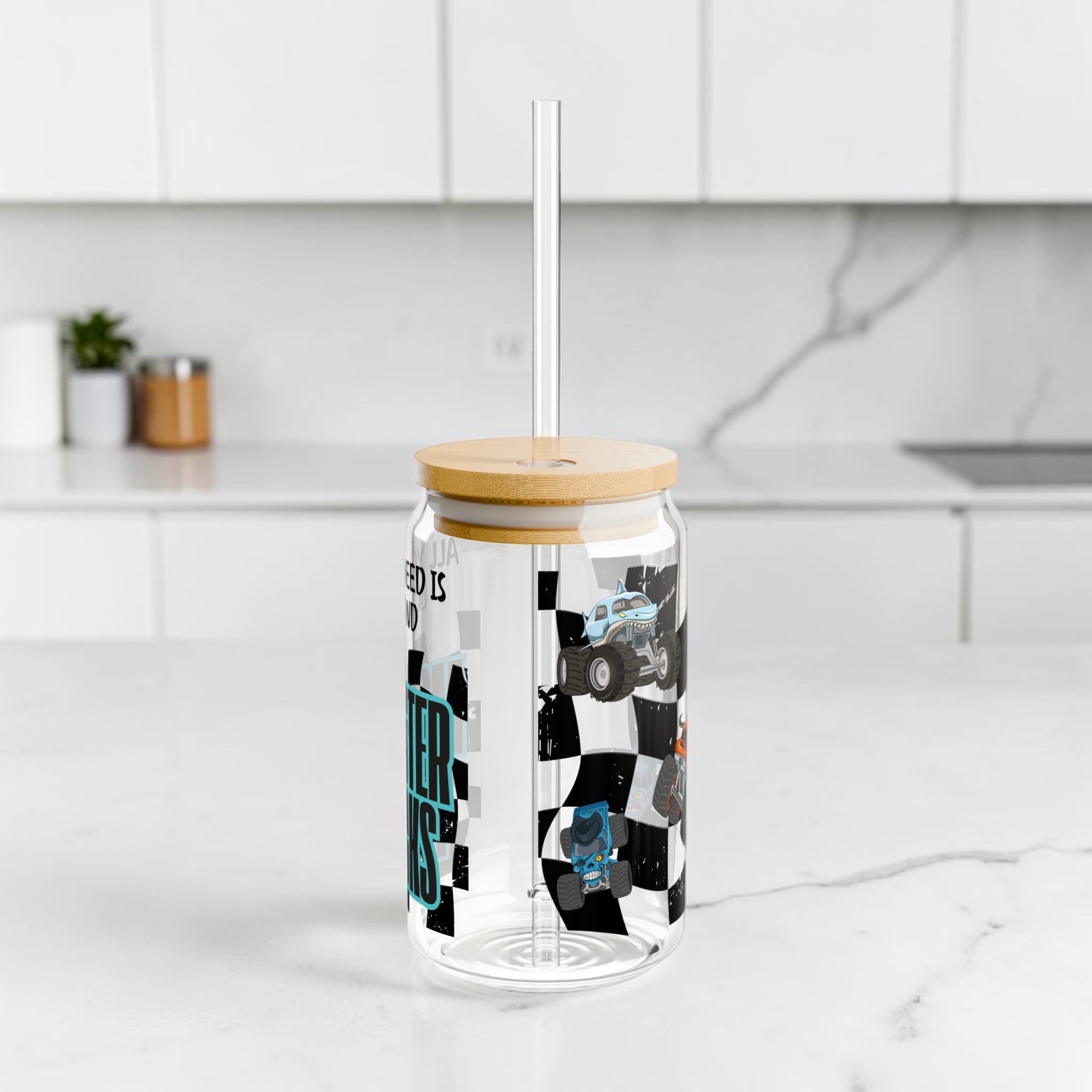 All You Need Is Love and Monster Trucks Sipper Glass 16oz | WIth Lid & Straw