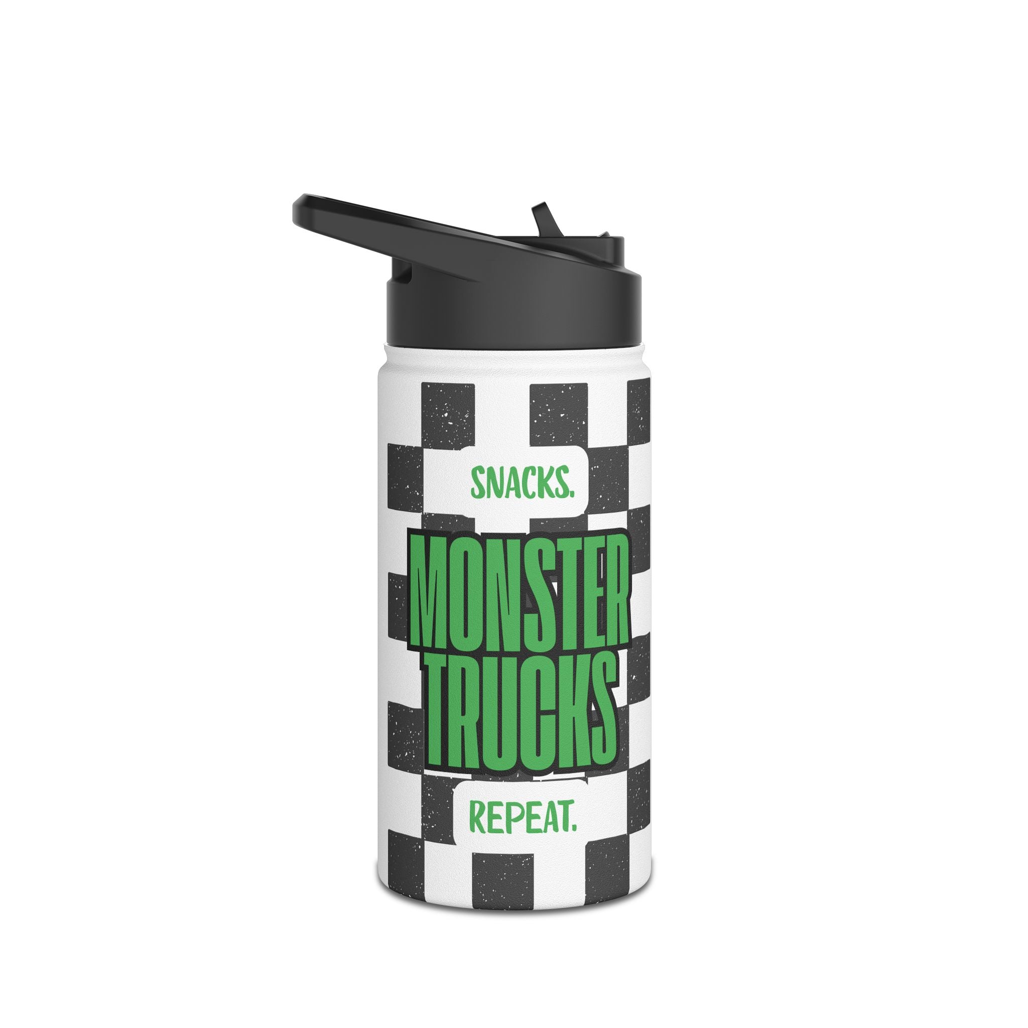Snack. MONSTER TRUCKS. Repeat Stainless Steel Water Bottle — Kids' Monster Truck Bottle