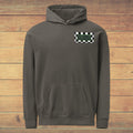LilLlamaBean charcoal grey graphic hoodie with 'GRANDMA' in green text on a checkered flag patch. Features a relaxed fit, front pouch pocket, and drawstring hood.