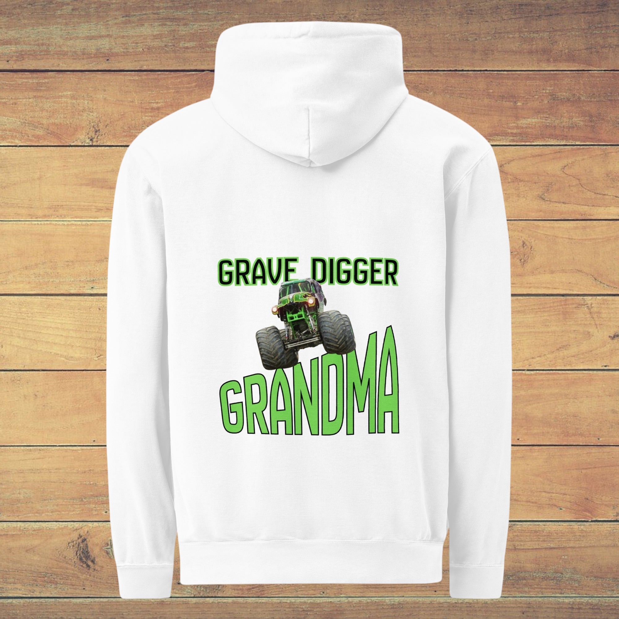 LilLlamaBean white cotton blend hoodie with a Grave Digger monster truck graphic and "GRANDMA" text.