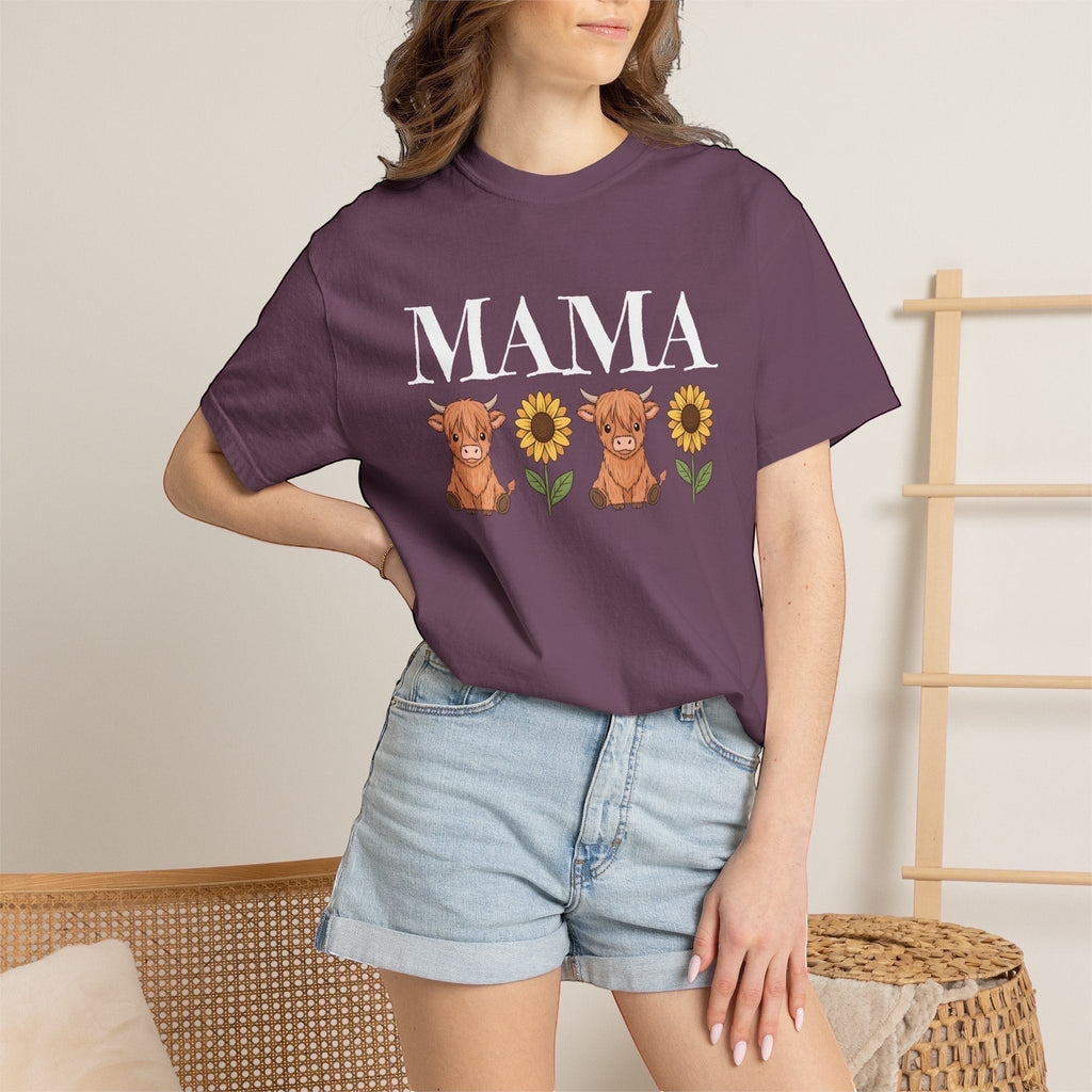 LilLlamaBean Mama Highland Cow Flower T-Shirt with two cows and sunflowers, 100% cotton.