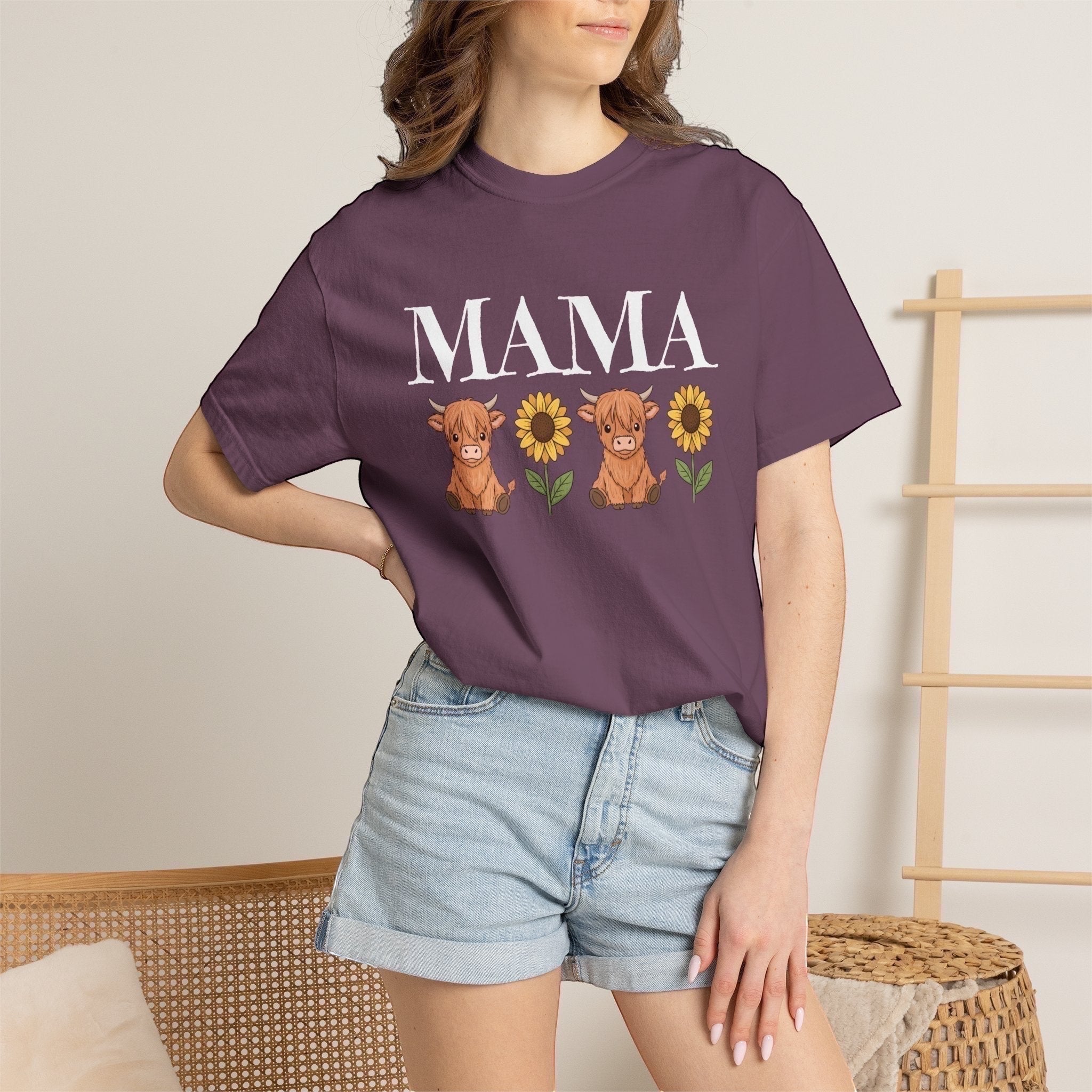LilLlamaBean Mama Highland Cow Flower T-Shirt with two cows and sunflowers, 100% cotton.