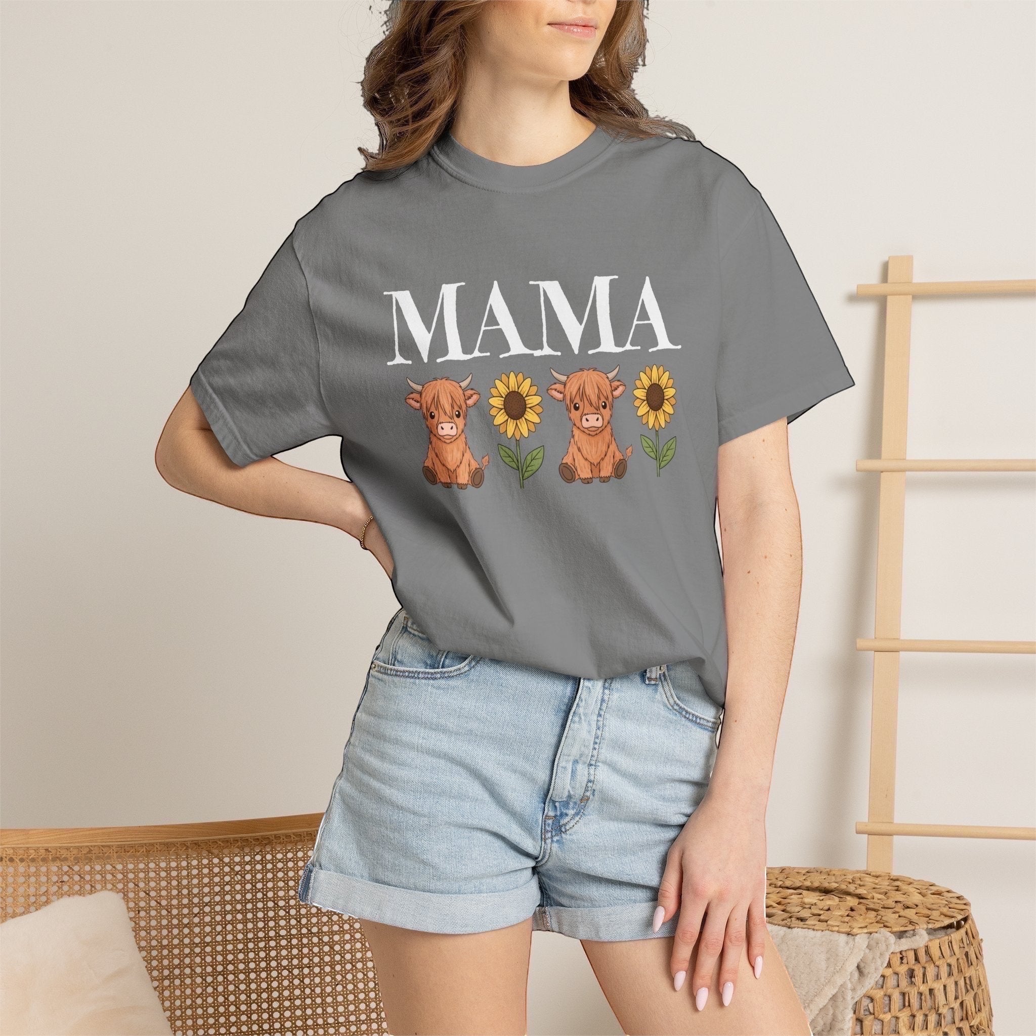 LilLlamaBean Mama Highland Cow Flower T-Shirt with two cute cows and sunflowers. 100% cotton.