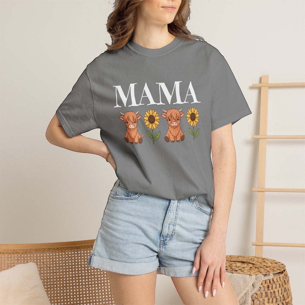LilLlamaBean Mama Highland Cow Flower T-Shirt with two cows and sunflowers graphic on grey cotton tee.