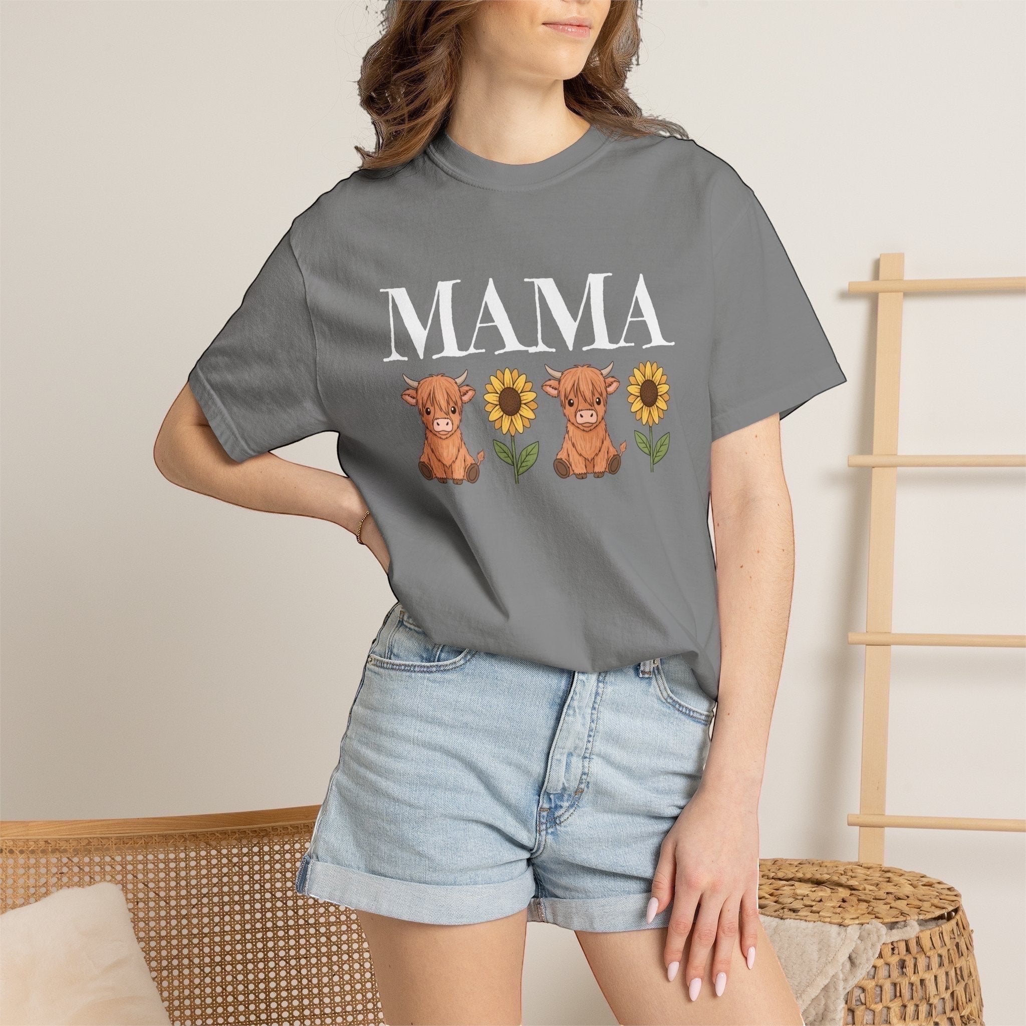 LilLlamaBean Mama Highland Cow Flower T-Shirt with two cows and sunflowers graphic on grey cotton tee.