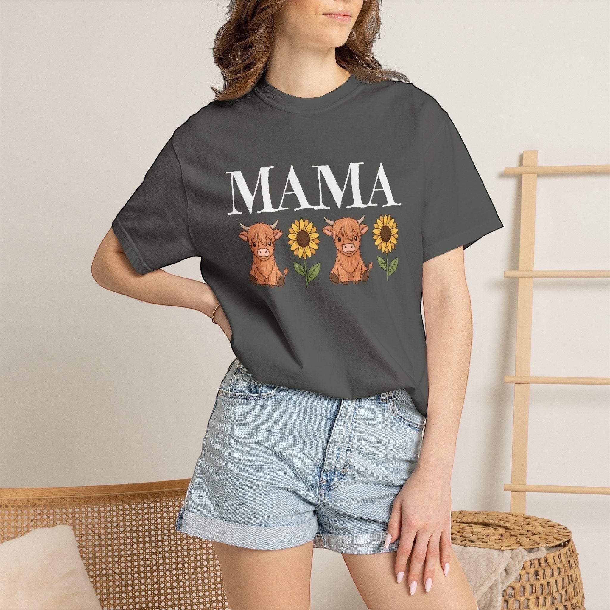 LilLlamaBean Mama Highland Cow Flower T-Shirt with two cows and sunflowers. 100% cotton.