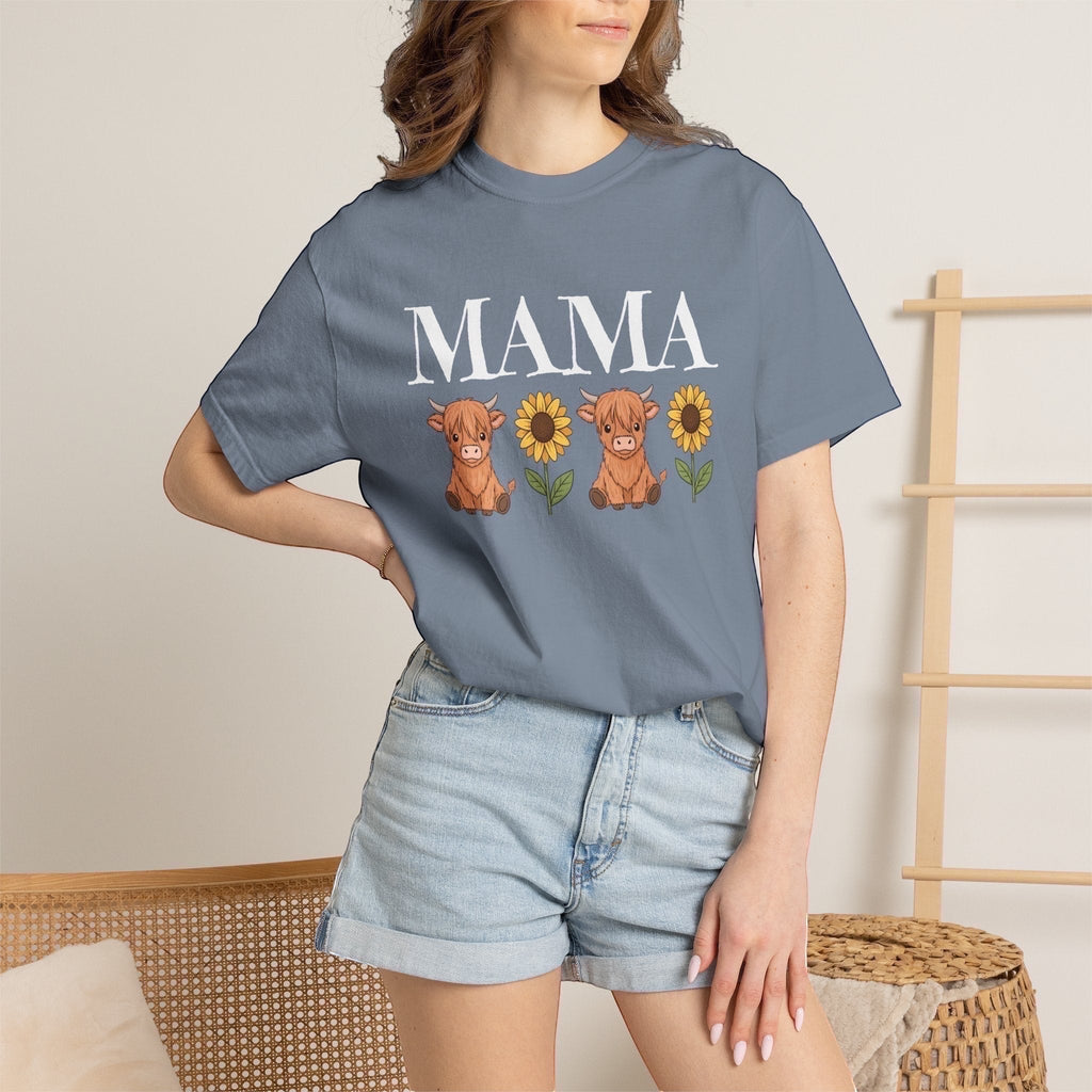 LilLlamaBean Mama Highland Cow Flower T-Shirt with two cows and sunflowers