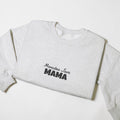 LilLlamaBean light heather grey crewneck sweatshirt with embroidered "Monster Jam MAMA" text in black.