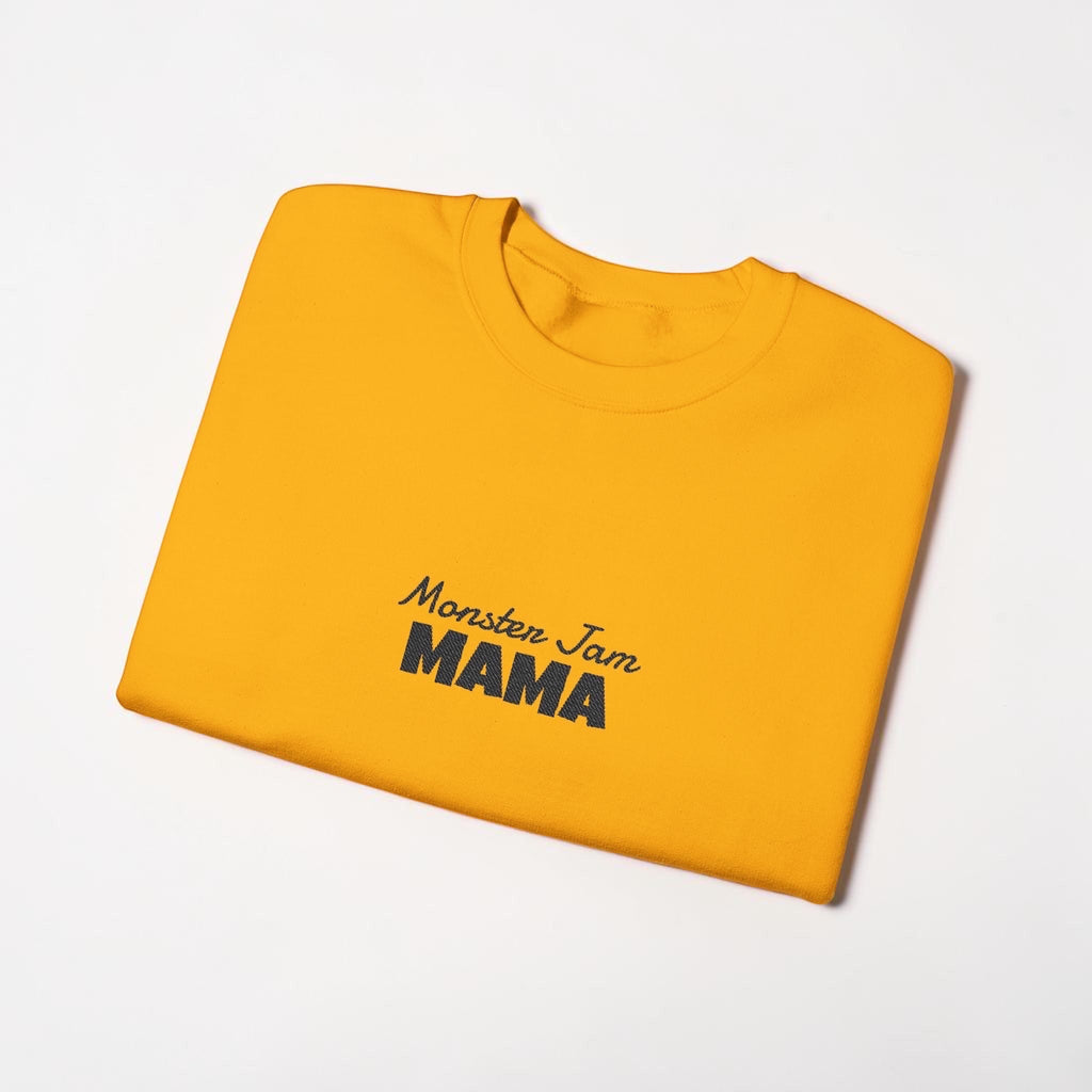 LilLlamaBean yellow cotton blend crewneck sweatshirt with embroidered "Monster Jam MAMA" graphic. Unisex fit.