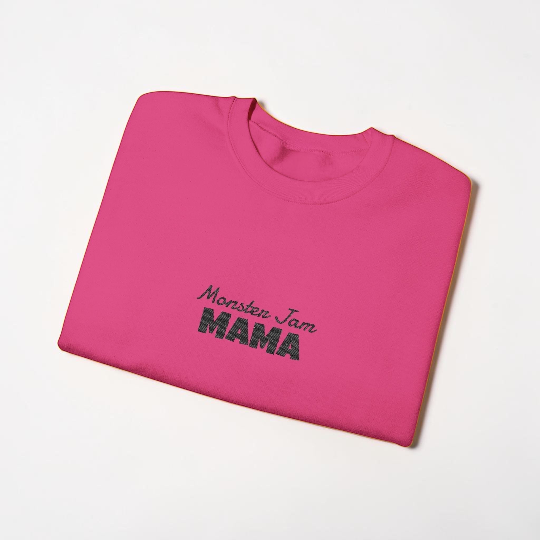 LilLlamaBean pink crewneck sweatshirt with embroidered "Monster Jam MAMA" text in black.